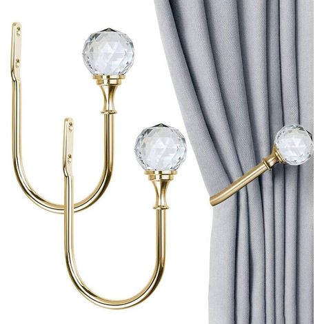 VURAHOME -2 pièces de rideaux en forme de U avec boules de cristal transparentes pour décoration murale, Doré (1/5)
