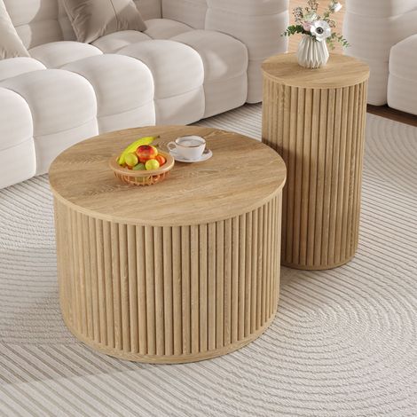 Table basse gigogne ronde, table d'appoint salon/chambre, MDF, 60×60×38.5+30×30×56 cm, naturelle (1/5)