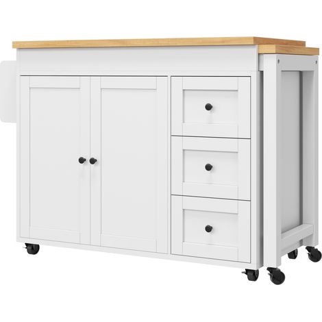 Isla de cocina extensible con almacenaje 116-179,5 cm, 3 cajones y ruedas, blanca HOMVRA (1/3)