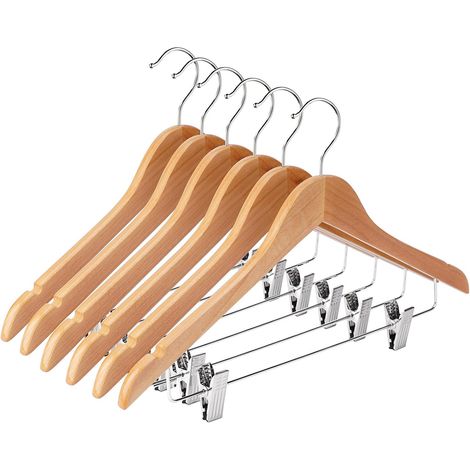 Cintre En Bois Avec Pinces Réglables - Pour Pantalons Jupes Jeans Shorts - Charge Max 9 kg - Lot De 12 (1/5)