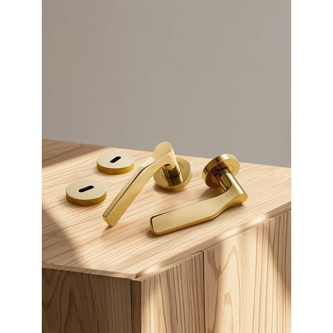 Poignée de porte dorée - acier inoxydable mat - Poignée de porte pour porte d'entrée et porte intérieure - en forme de L - Poignée de lit BB - Rosace ronde (1/4)