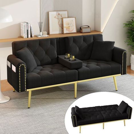 Clic-Clac 170x80cm Velours Noir - Banquette Clic-Clac - 3 Positions, Porte-gobelets, 2 Coussins, Pieds Dorés, Design Moderne (1/5)