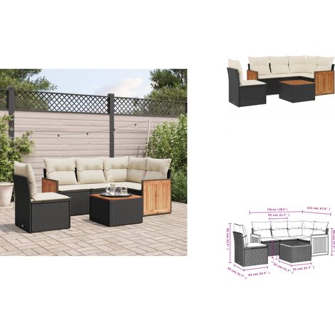 6-tlg. Garten-Sofagarnitur mit Kissen Schwarz Poly Rattan - Gartenmöbel - Esstischgarnitur - Outdoor Möbel - Lounge Set - Rattan Gartenmöbel