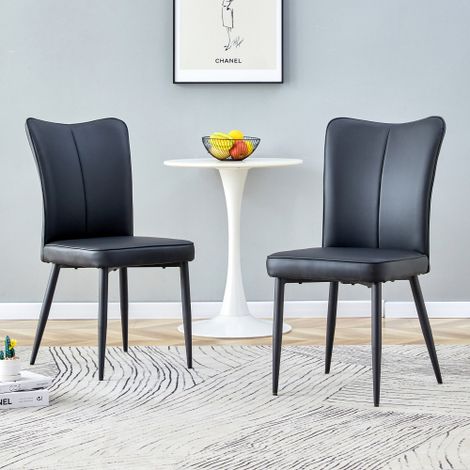 Moderner minimalistischer schwarzer Essstuhl mit PU-Leder-Rückenpolster und schwarzen Metallbeinen, geeignet für Esszimmer, Schlafzimmer und Wohnzimmer. Eine Kiste mit zwei Stühlen.