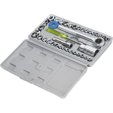 Kit d'outils de 40 pièces comprenant une clé à cliquet, une clé à douille et un tournevis en acier pour la réparation et l'entretien. (1/5)
