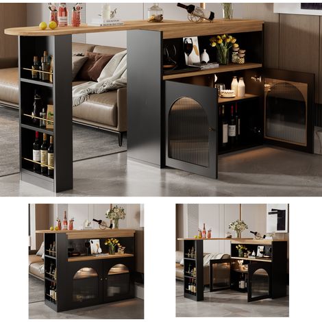 AMXCNOY Table de bar extensible moderne 138-193 x 39 x 105 cm, table à manger extensible avec rangement, table bistrot haute pivotante, pour salle à manger, avec bande lumineuse LED de 1 m (couleur de