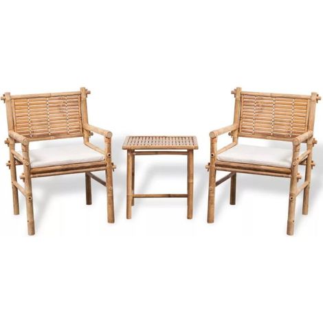 Salon de jardin 3 pièces bambou clair coussins blanc Kyca (1/5)