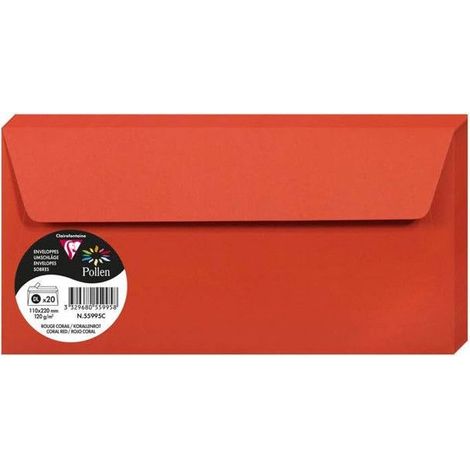 Enveloppe - CLAIREFONTAINE - Pollen - 120g - 110x220mm - Rouge corail - Paquet de 20