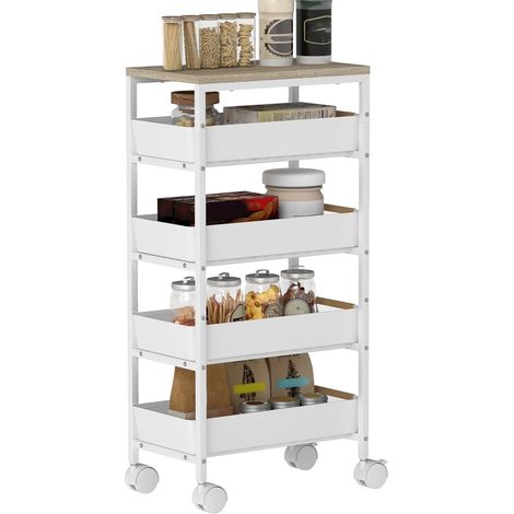 Carro de cocina de 5 niveles en metal blanco con efecto madera, 4 cajones y ruedas (1/5)