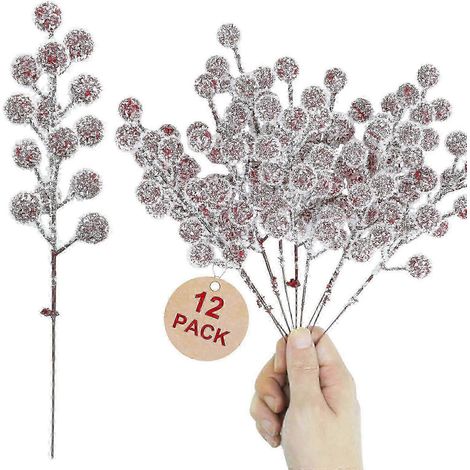 Lot de 12 tiges de houx givrées - Décorations de Noël rouges neige pour couronnes (1/5)