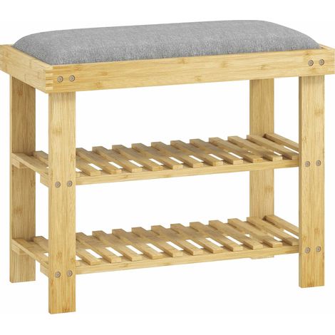 Schuhbank aus Bambus mit Stauraum, 2 Ablagen, 60 x 29 x 49 cm, Grau
