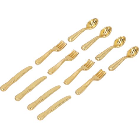 Ensemble de 5 couteaux, fourchettes et cuillères miniatures (échelle 1:12) – ensemble d'ustensiles de service miniatures pour cuisines de maison de poupée, doré. (1/5)