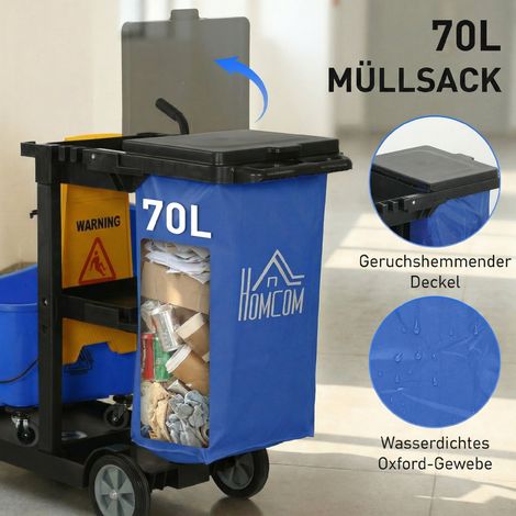 Chariot de nettoyage, chariot roulant avec 3 étagères, sac poubelle de 70 litres, seau à essoreuse à franges, bleu (1/4)