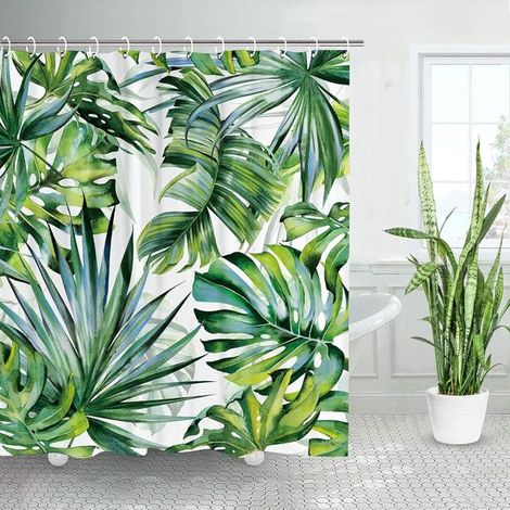 Rideau de douche - 72"x72" - Motif feuilles tropicales vertes - Polyester - Couleur - Avec crochets - Anti-moisissure - Imperméable - Décoration de salle de bain (1/5)