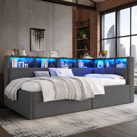 Letto a giorno 90 x 200 cm con USB, Type-C, LED e contenitore, grigio HAVRYA (1/5)