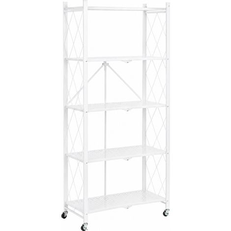 Bibliothèque Métallique Pliable 5 niveaux à Roulettes - Blanc - Rangement pratique 71,5 x 30,5 x H 163 cm - Livraison gratuite (1/4)