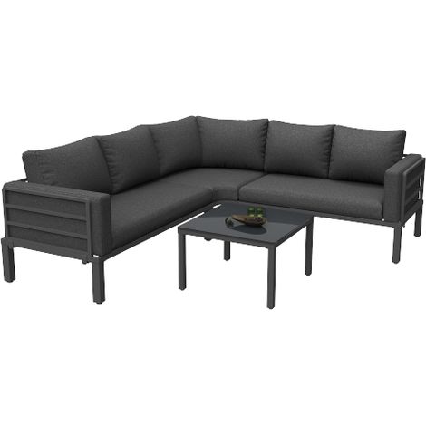 Gartenmöbel Set Grau, Ecklounge Garten 4-5 Sitzer mit Tisch, Gehärteter Glasplatte, Verzinktem Eisenrahmen und Verstellbaren Füßen