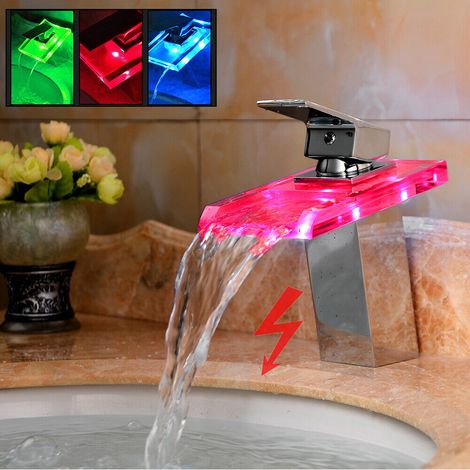 LED Wasserfall Wasserhahn Waschtisch Armatur Badarmatur RGB Temperatursensor Waschbecken Armatur Spültischarmatur (1/5)