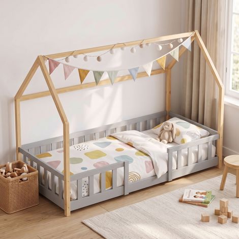 Hausbett Sisimiut mit Rausfallschutz 90x200 cm Hellgrau/Natur [en.casa] (1/5)