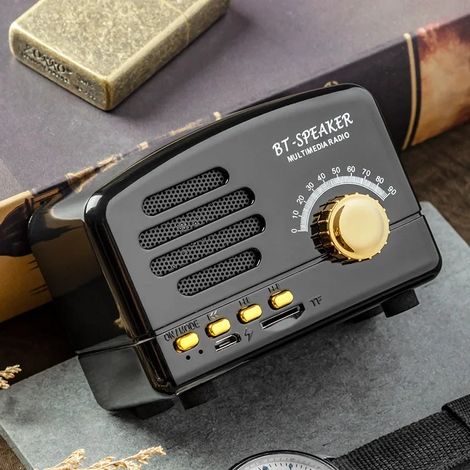 (Noir) Enceinte Bluetooth de style rétro, mini enceinte portable d'extérieur avec radio FM, emplacement pour carte TF et fonctions multimédias. (1/4)