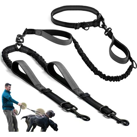 Laisse double brillante, mains libres, détachable, grise et réglable, pour chiens de taille moyenne à grande. (1/5)
