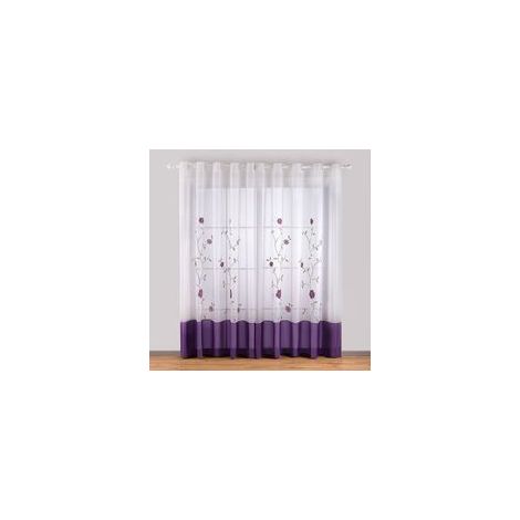 140 x 245 cm,2 Panneaux Violet Voile Rideaux Panneau Semi Transparent Voilage Fenêtre Voilage Rideaux Floral Brodé Drapé avec Œillet pour Salon Chambre Cuisine Balcon
