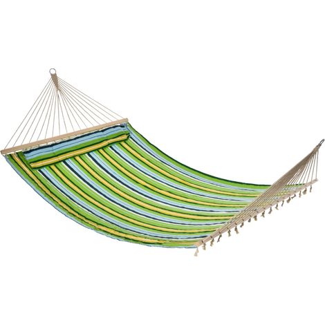 Double Wide Wooden Outdoor Patio Cotton Hammock Swing Bed w/ Pillow 2.1x1.4m (Mainly Blue and Green) (1/5)