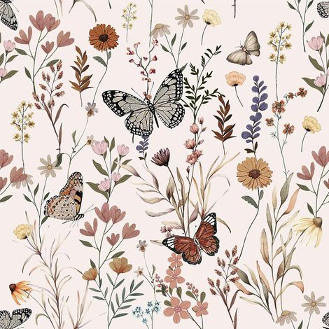 Papier peint floral autocollant vintage - 44 x 300 cm - Motif fleurs et papillons rétro - Pour salon, chambre à coucher, cuisine - Amovible - Avec motif végétal (1/5)