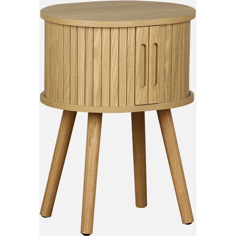 Mesita ovalada escandinava con efecto madera ranurada, 2 puertas correderas (1/5)
