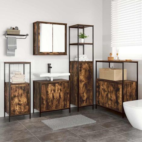 Badezimmermöbel-Set mit Tür 5 pcs Geräucherte Eiche und Schwarz