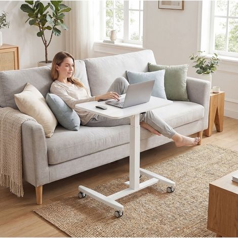 Escritorio elevable móvil 60.5x52 cm, altura regulable 75 a 114 cm, tablero inclinable, madera blanca (1/5)