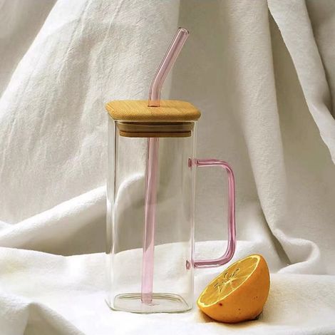 Tasse En Verre Avec Couvercle Et Paille En Verre - Pour Eau, Thé, Jus De Fruits Ou Smoothie - Rose - 1 Unité (1/4)