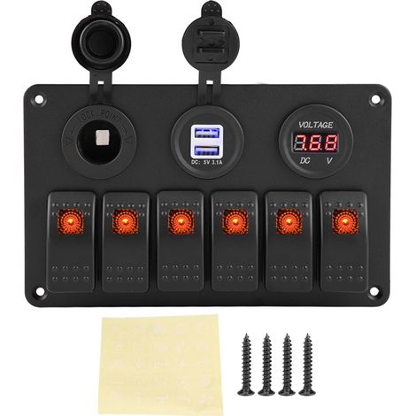Keenso 6-Positionen-Ein/Aus-Schalter, 12V/24V, LED-Wippschalterpanel für Auto, Boot, Marine, Dual-USB, Voltmeter, Zigarettenanzünder (Orange).