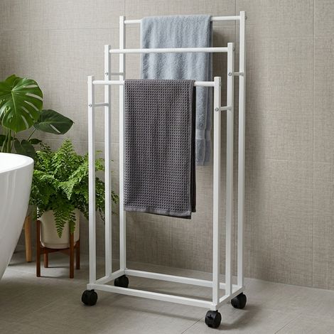 Porte-serviettes sur pied 3 niveaux métal - pour serviettes à roulettes - pour salle de bain Buanderie balcon - blanc (1/5)