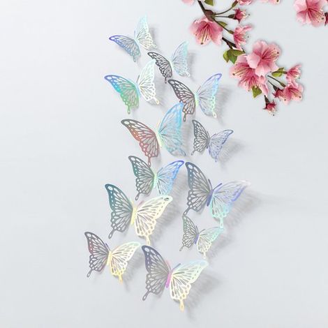 Juego de 48 pegatinas de pared de mariposas 3D en 4 colores (dorado，oro rosa，Mariposas decorativas 3D en 3 tamaños，el dormitorio o fiestas (1/4)