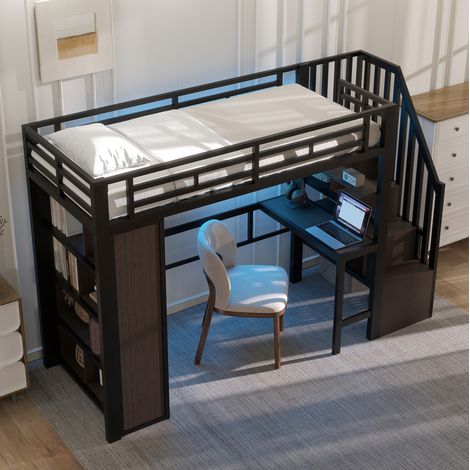 Cama alta moderna de metal negra 90x200 cm con escritorio, estantes, escalera con almacenaje y LED