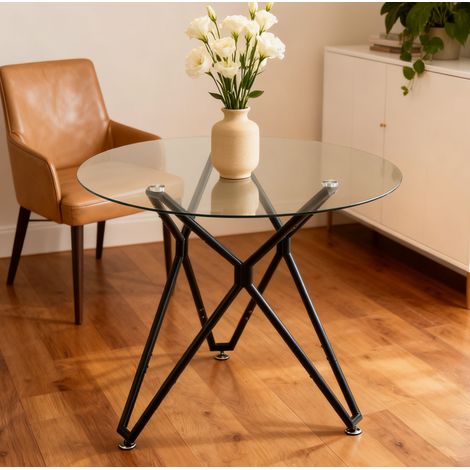 Mesa de comedor redonda 90 cm de vidrio templado, 1 a 4 personas, patas de metal, negra (1/5)