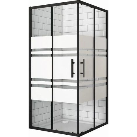 AICA Eckeinstieg 90x90x195cm 6mm ESG mit Blickdichten Weißen Querstreifen Schwarz Schiebetür eckdusche Pendeltür Duschkabine Duschabtrennung (1/5)