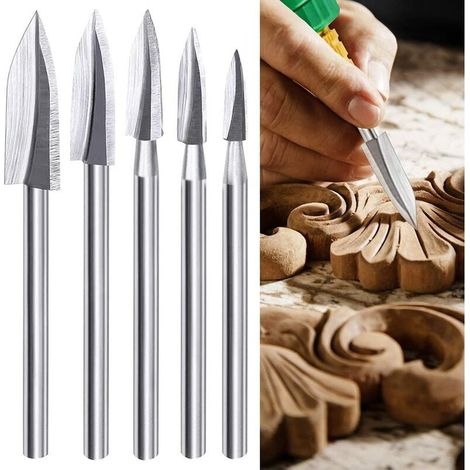 Outils Sculpture sur Bois 5 Pièces Wood Carving and Engraving Drill Bit Set pour Fraise à Bois Accessoires pour le Bricolage, la Gravure et le Perage (Argent) (1/5)