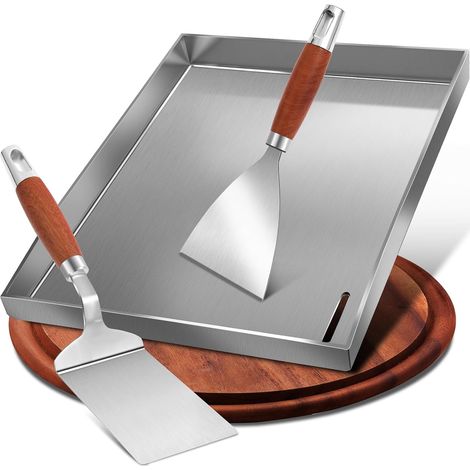 Lot de plancha avec spatule pour barbecue - 30 x 40 cm - Plaque de cuisson universelle en acier inoxydable massif de 4 mm - Pour barbecue à gaz et charbon (1/5)