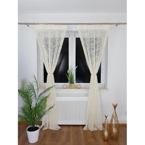 Fertiger Vorhang aus Marquisette, 135 x 250 cm – 3D-Stickerei, Raffband, Kokonband, Creme (1/5)