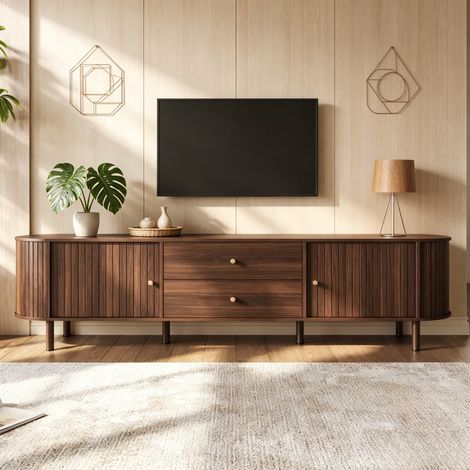 Mobile TV Lowboard, TV-banchi 180x40x58 cm, mobiletto lowboard ovale con porte scorrevoli e due cassetti – mobili TV in legno per il soggiorno. (1/5)