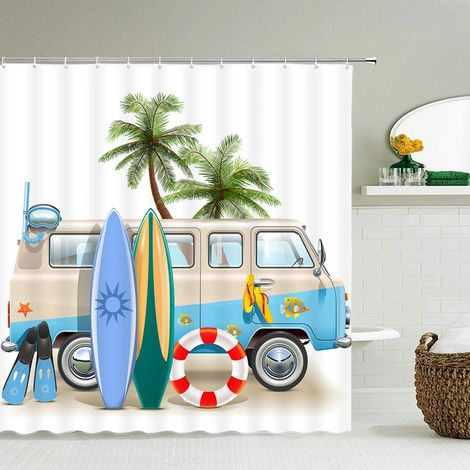 Rideau de douche 3D motif plage, rideau de salle de bain mer Méditerranée, tissu imperméable, 240 x 180 cm