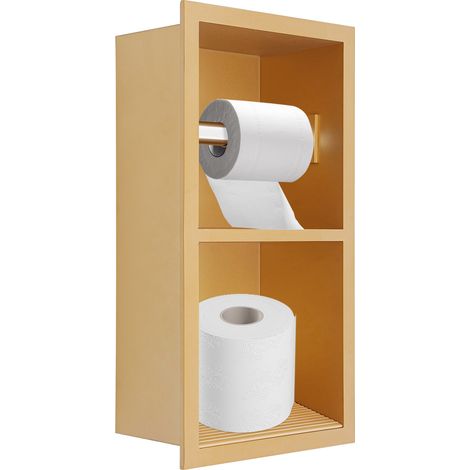 Douche murale en niche avec support pour papier toilette, niche murale encastrée en acier inoxydable, 18 x 10,2 x 34 cm, étagère de douche pour salle de bain, cuisine (doré) (1/5)