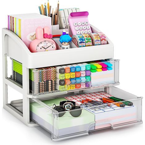Organisateur de bureau avec tiroirs, organisateur de rangement à 2 ou 3 tiroirs, tiroirs de rangement de bureau pour fournitures de bureau, organisateur de papeterie en plastique (1/5)