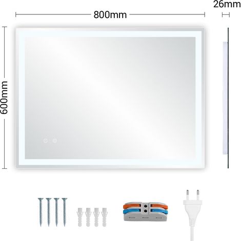 Badezimmerspiegel mit Beleuchtung, LED-Spiegel mit 3 dimmbaren Lichtfarben, gehärtetes Glas, Explosionsschutz, Touch-Schalter, (80 x 60 cm)