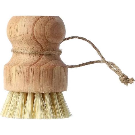 Brosse de lavage vaisselle à manche en bois massif, poils végétaux résistants, corde de suspension intégrée, outil de nettoyage écologique pour casseroles, poêles et éviers de cuisine (1/5)