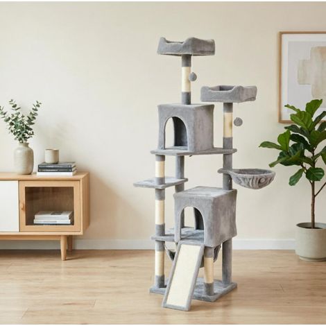 Árbol rascador para gatos de 177 cm con 3 plataformas, 2 cuevas, 2 camas y 2 hamacas OKWISH (1/5)