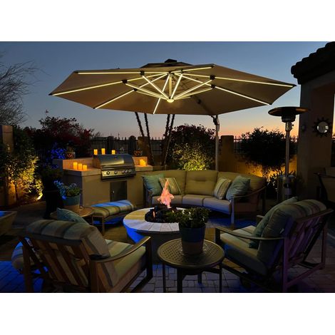 PURPLE LEAF parasol déporté Rond 3,65 m, rotation 360°, double toit ventilé, panneau solaire intégré, 8 baleines LED en aluminium, pour jardin, cour et piscine, beige (1/5)