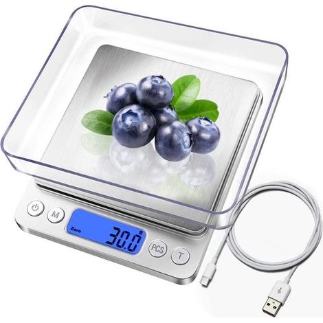 Digitale Küchenwaage USB-aufladbar 3 kg 0 1 g Mini-Lebensmittelwaage elektrische Kochwaage wasserdicht digitale Waage USB-aufladbar LCD-Display 0,1 g (1/5)